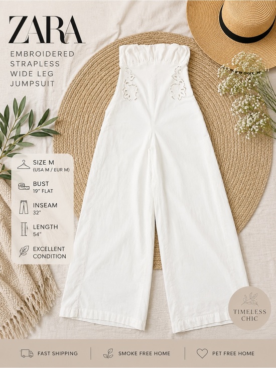 Zara Pants - ZARA White Embroidered Strapless Wide Leg Jumpsuit Size M
